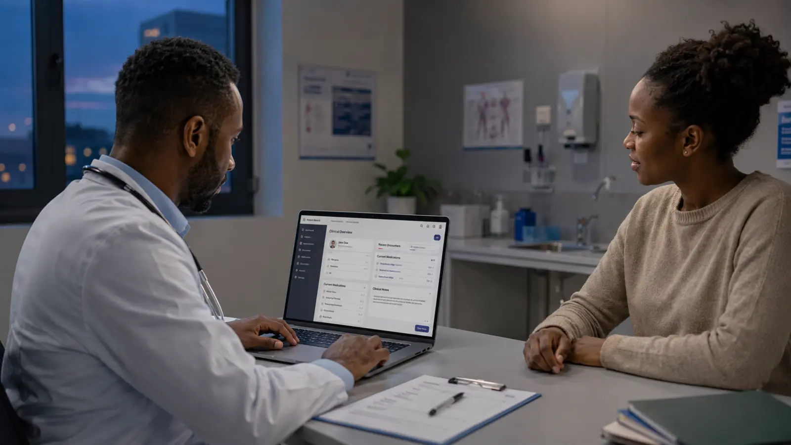 A clinician reviewing an electronic health record with a patient.