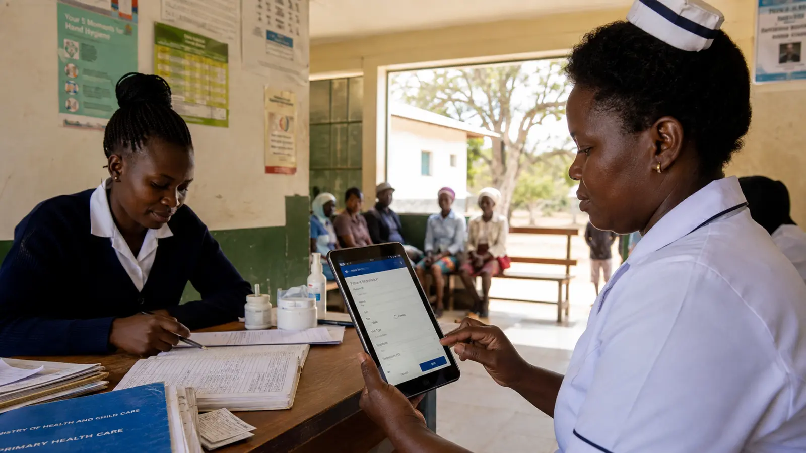 A healthcare worker using a tablet for patient data capture in a clinic.
